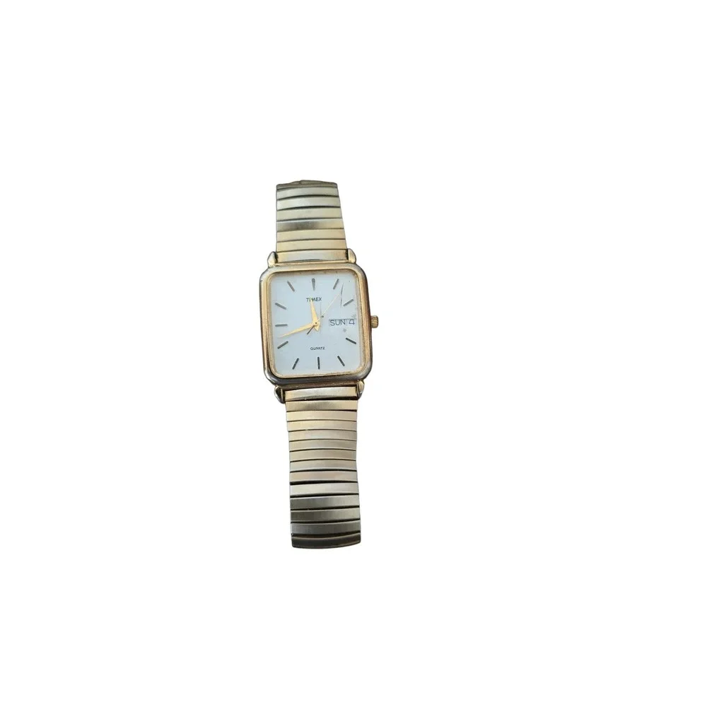 Vintage Timex Quartz Square Gold Tone Watch Day Date Expansion Band TB9 CR2016